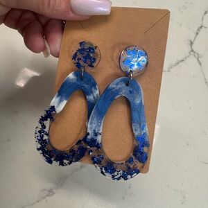 Blue Resin Dangle Earrings with Metallic Flakes